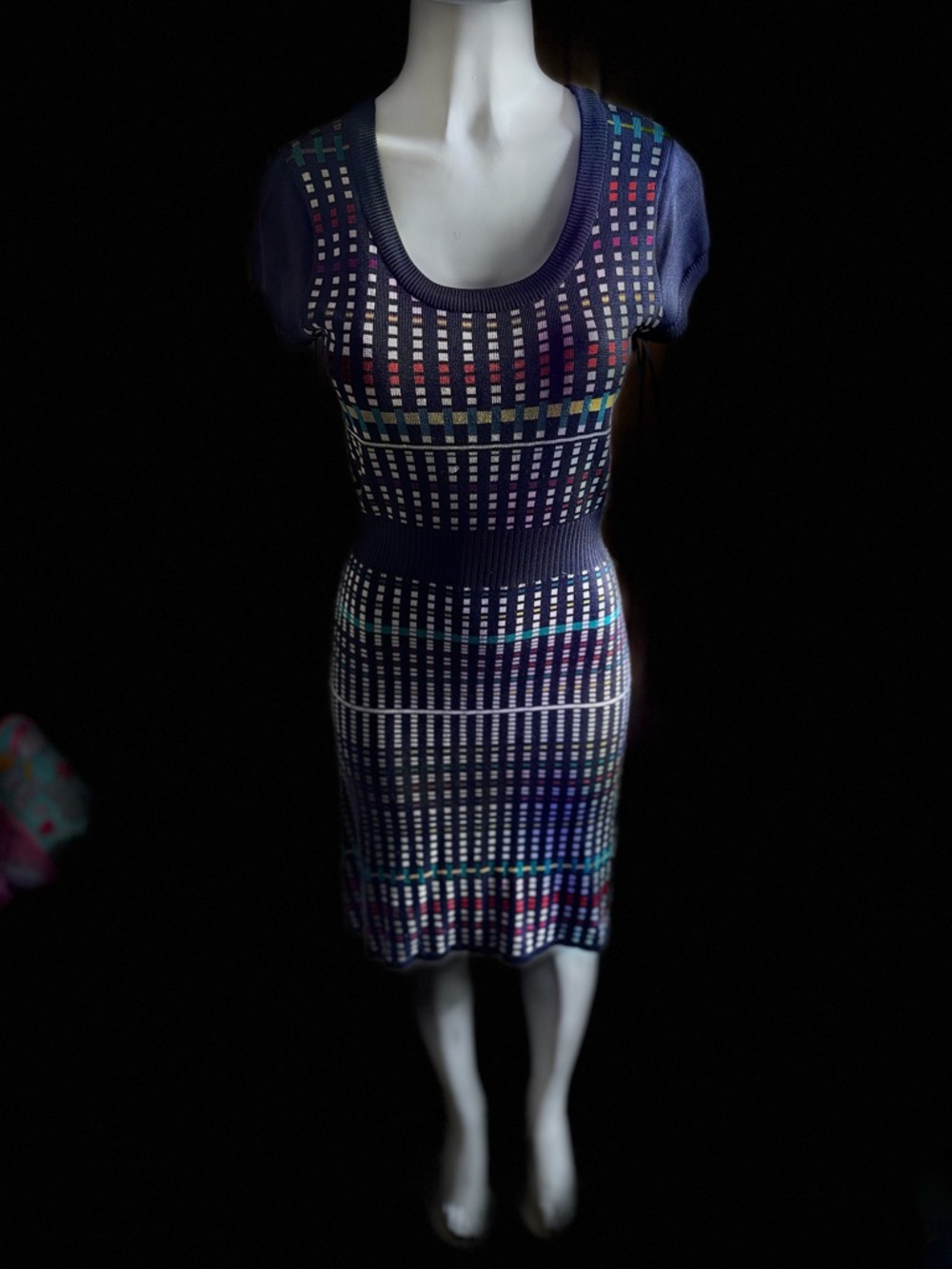 Laundry By Shelli Segal Navy Multicolor Grid Knit Mini Dress